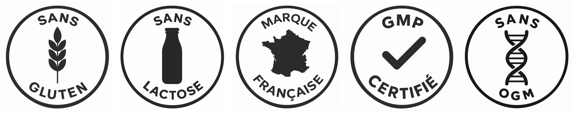 Sans gluten, sans lactose, marque française, GMP certifié, sans OGM